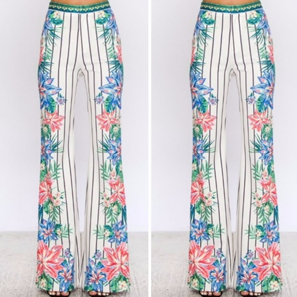 Flying Tomato Pants - Jealous Tomato Floral Stripe Flare Leg Pants